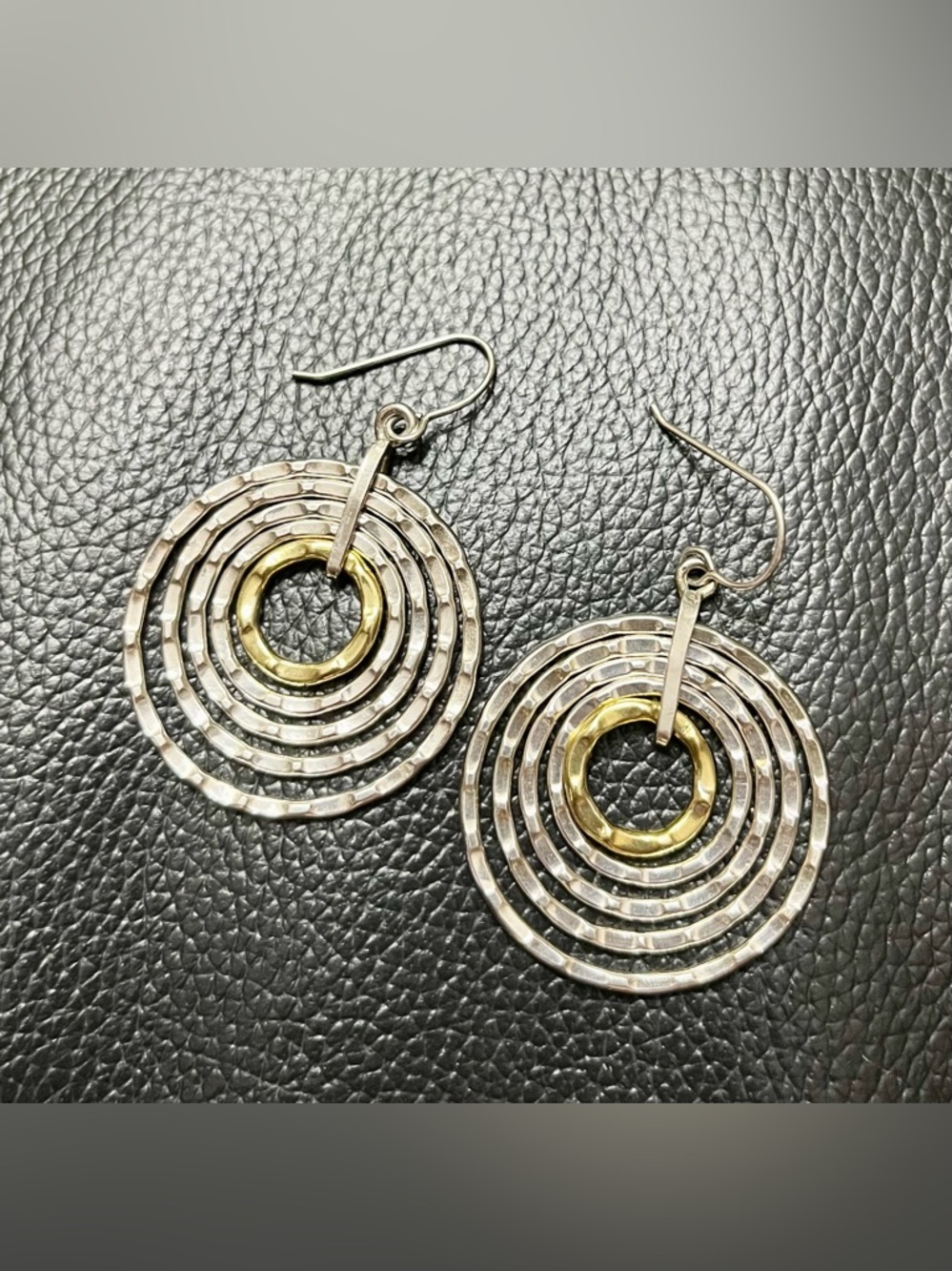 Two-Tone Hammered Concentric Hoop Dangle Earrings Mexico Sterling Silver Brass